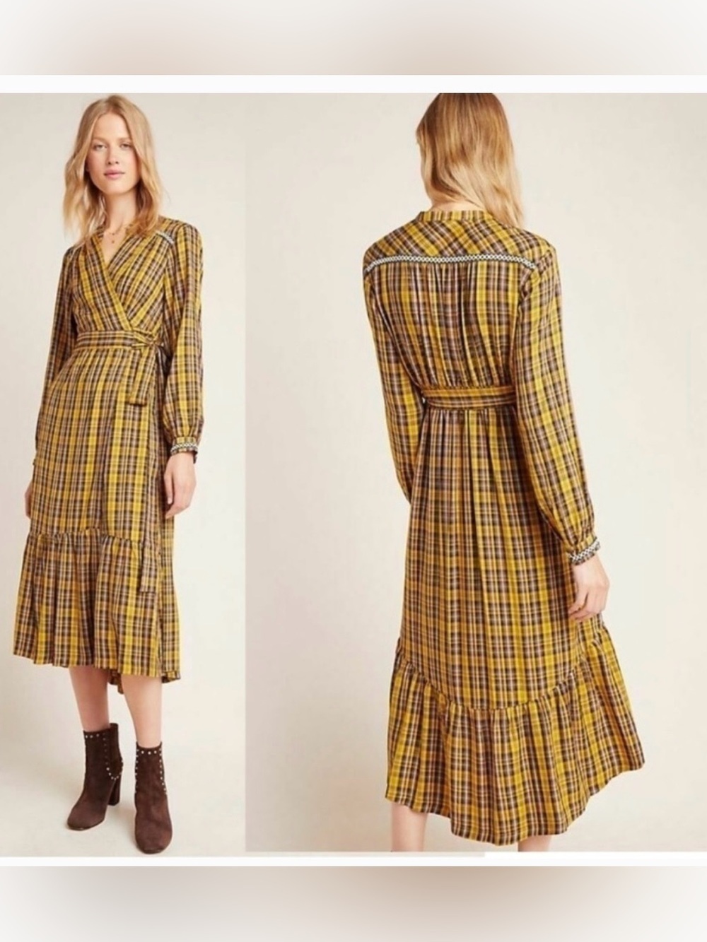 Anthropologie Yellow and Black Plaid Maxi Wrap Dress